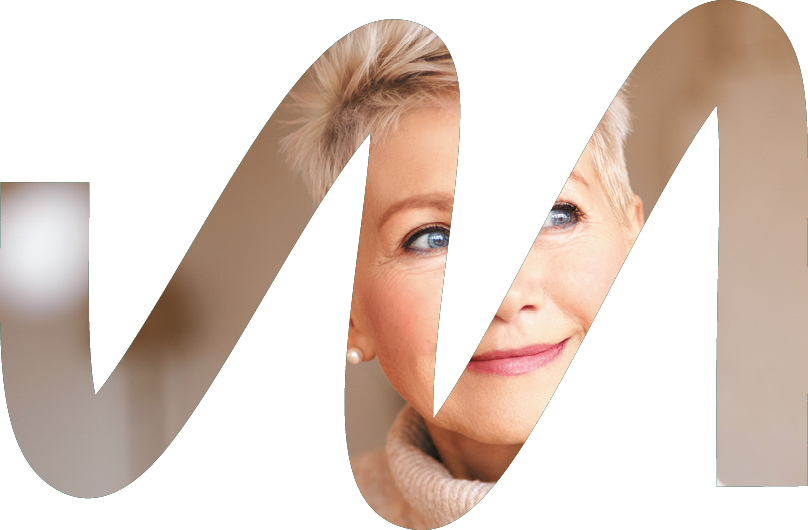 People, age and maturity  Close up shot of elegant blonde middle aged woman with short haircut looking up with pensive smile, thinking about something pleasant, making plans, recollecting old days