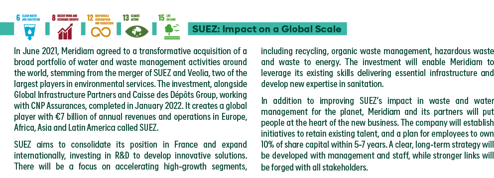         SUEZ: Impact on a Global Scale In June 2021, Meridiam agreed to a transformative acquisition of a broad portf   