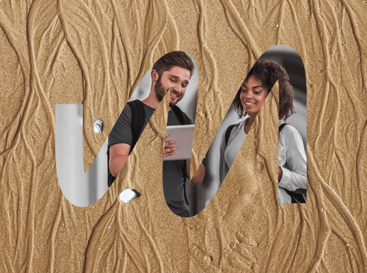Aerial view of sand dunes with a Meridiam M cut out revealing a man and woman looking at a tablet