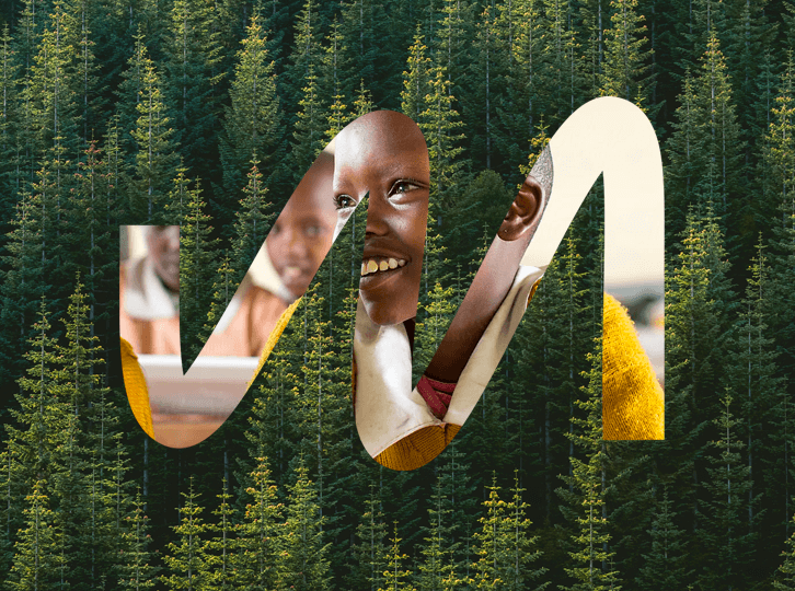 Image of trees with Meridiam M cut out revealing a smiling school child