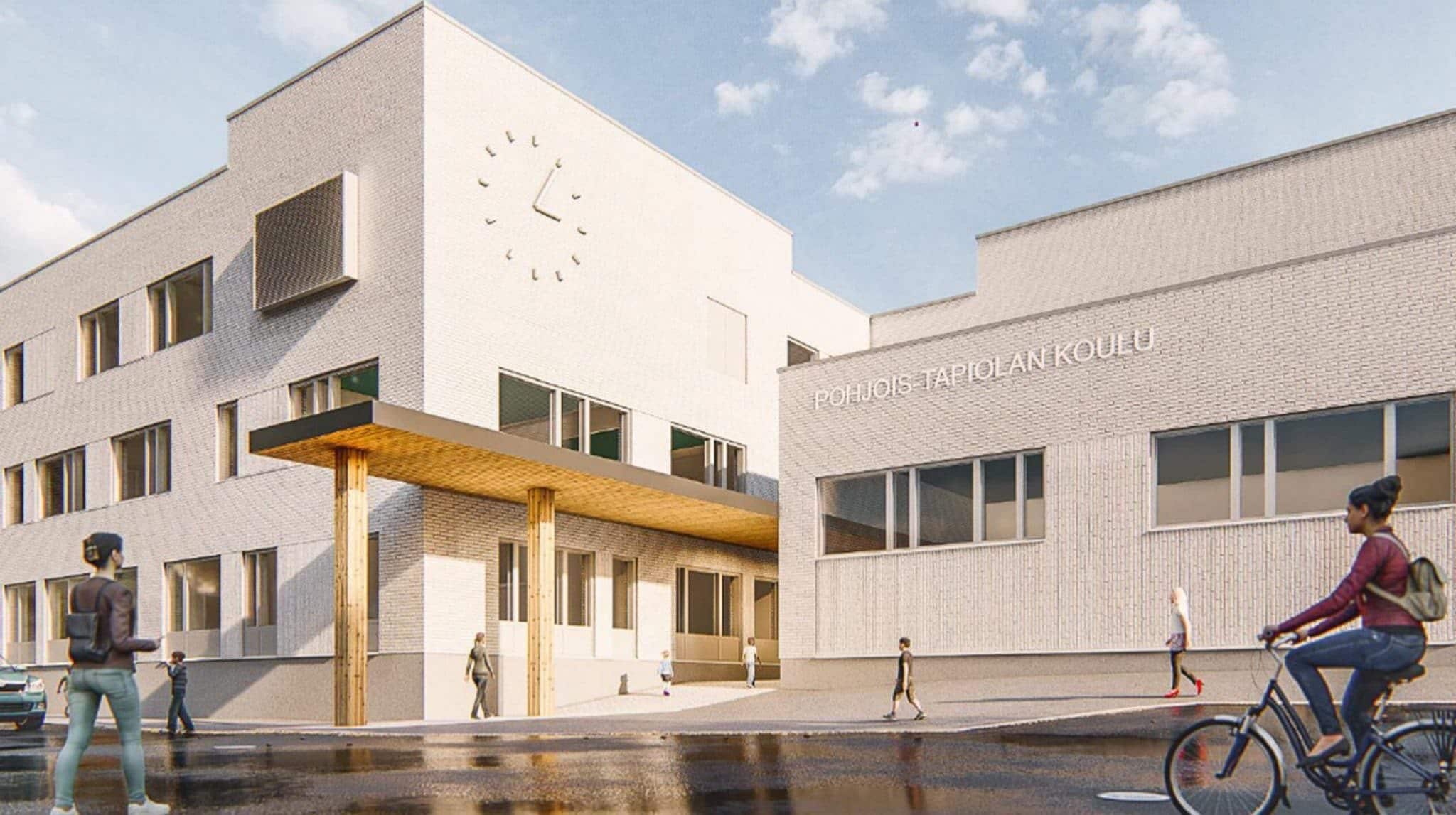 3D render of student cycling past school