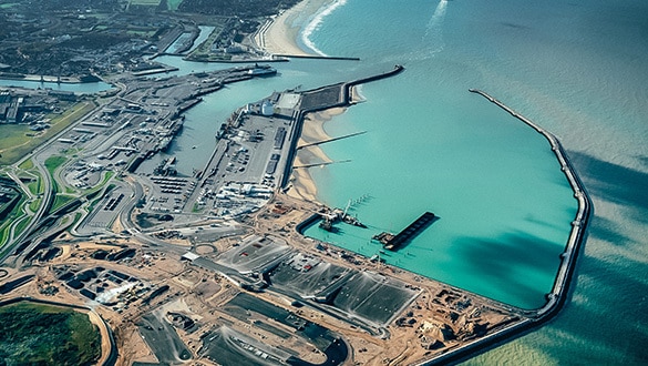 Aerial view of port with blue sea