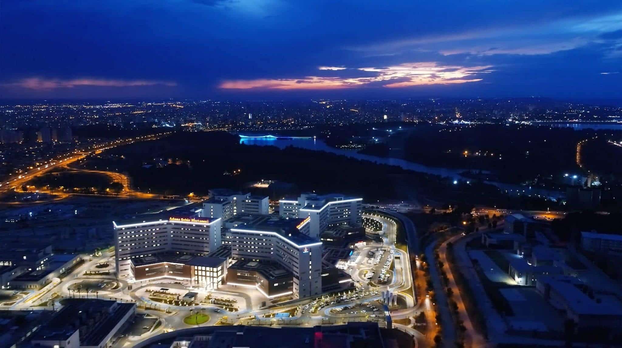 Aerial view of hospital at night time