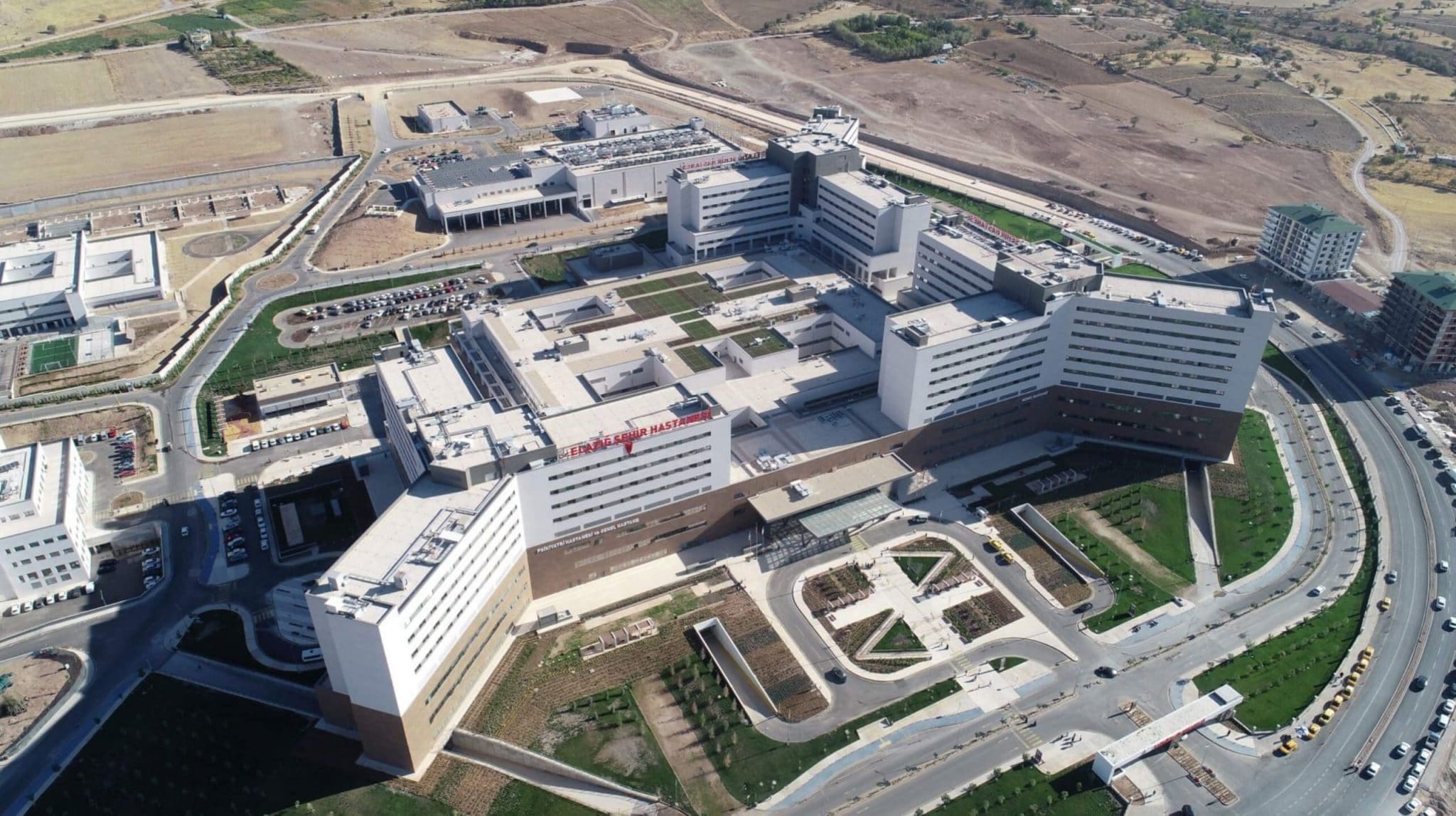 Aerial view of hospital and grounds