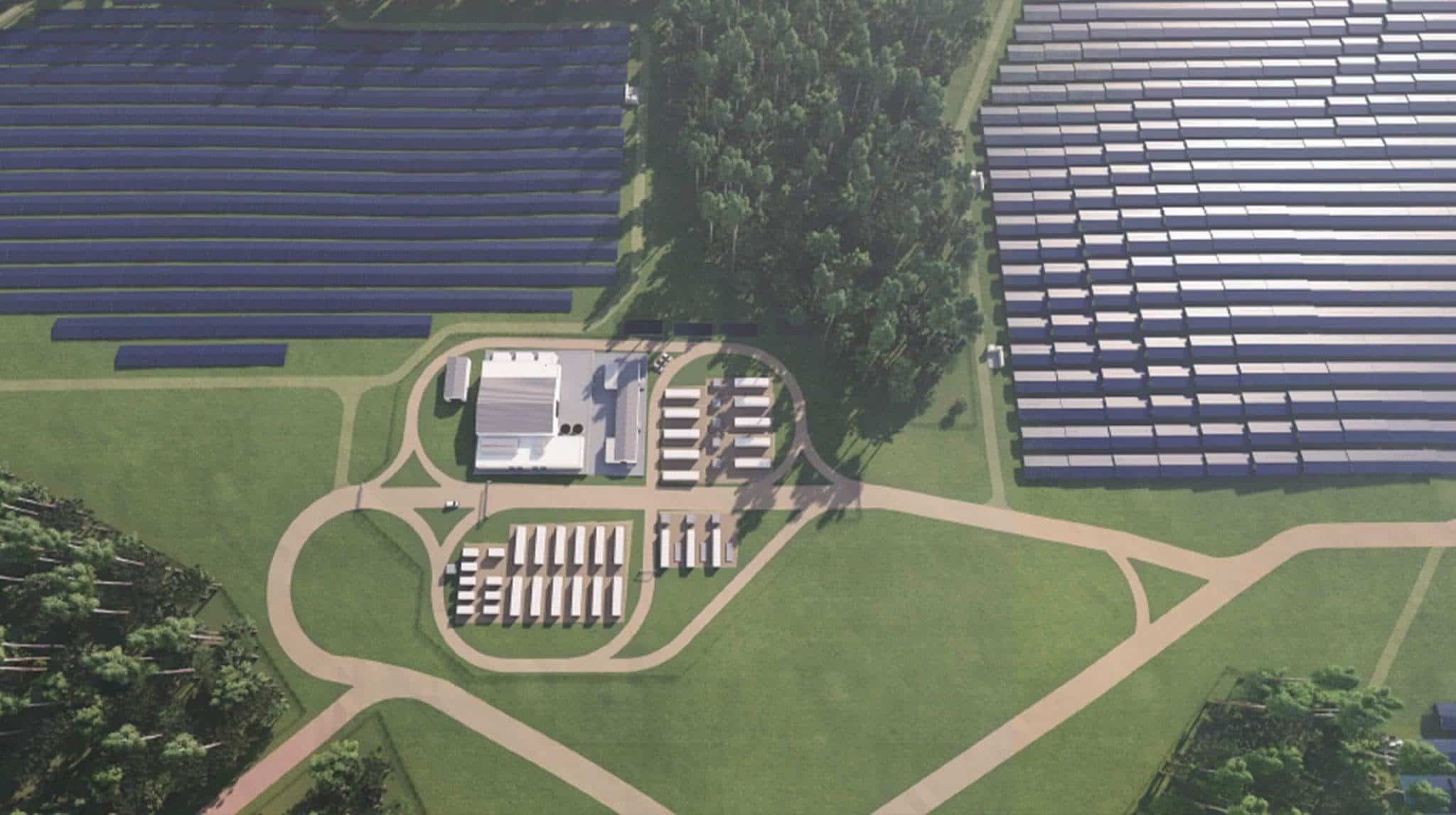 Aerial view of hydrogen power plant surrounded by grass