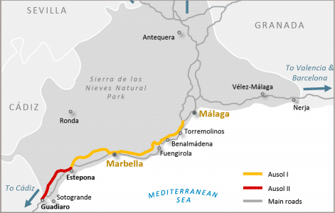 Map of Iberian motorway intersecting Granada
