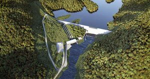3D render birds-eye view hydroelectric power plant