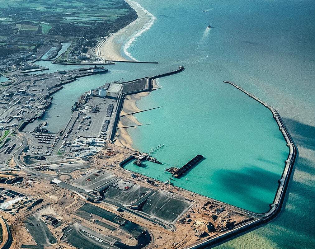 Aerial view of port with blue sea