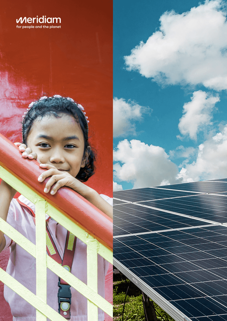 Child on stairs smiling and solar panels