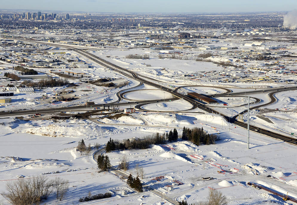 Aerial view of a snow-covered NEAH ring road in Edmonton, Canada